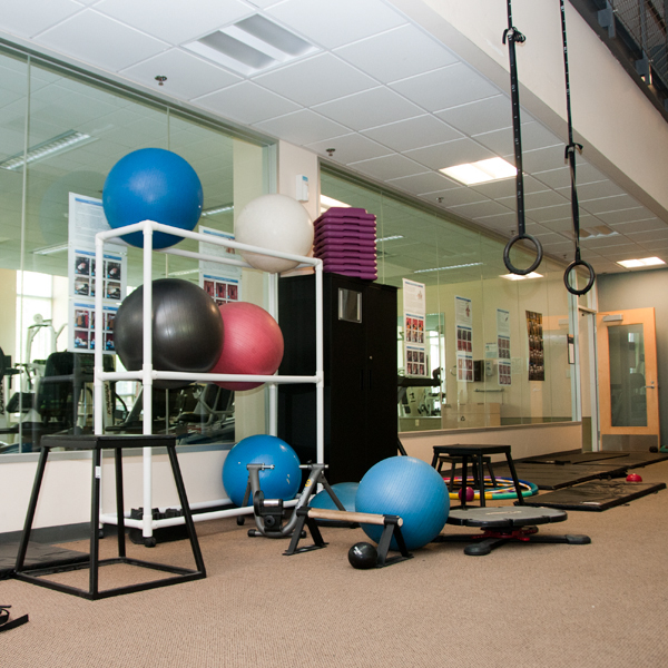 Fitness room with exercise balls and mirrors
