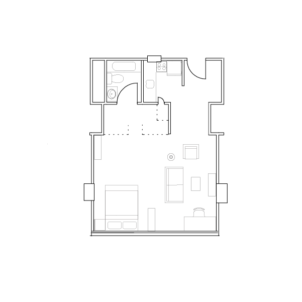 Furnished one-bedroom floorplan for Westgate